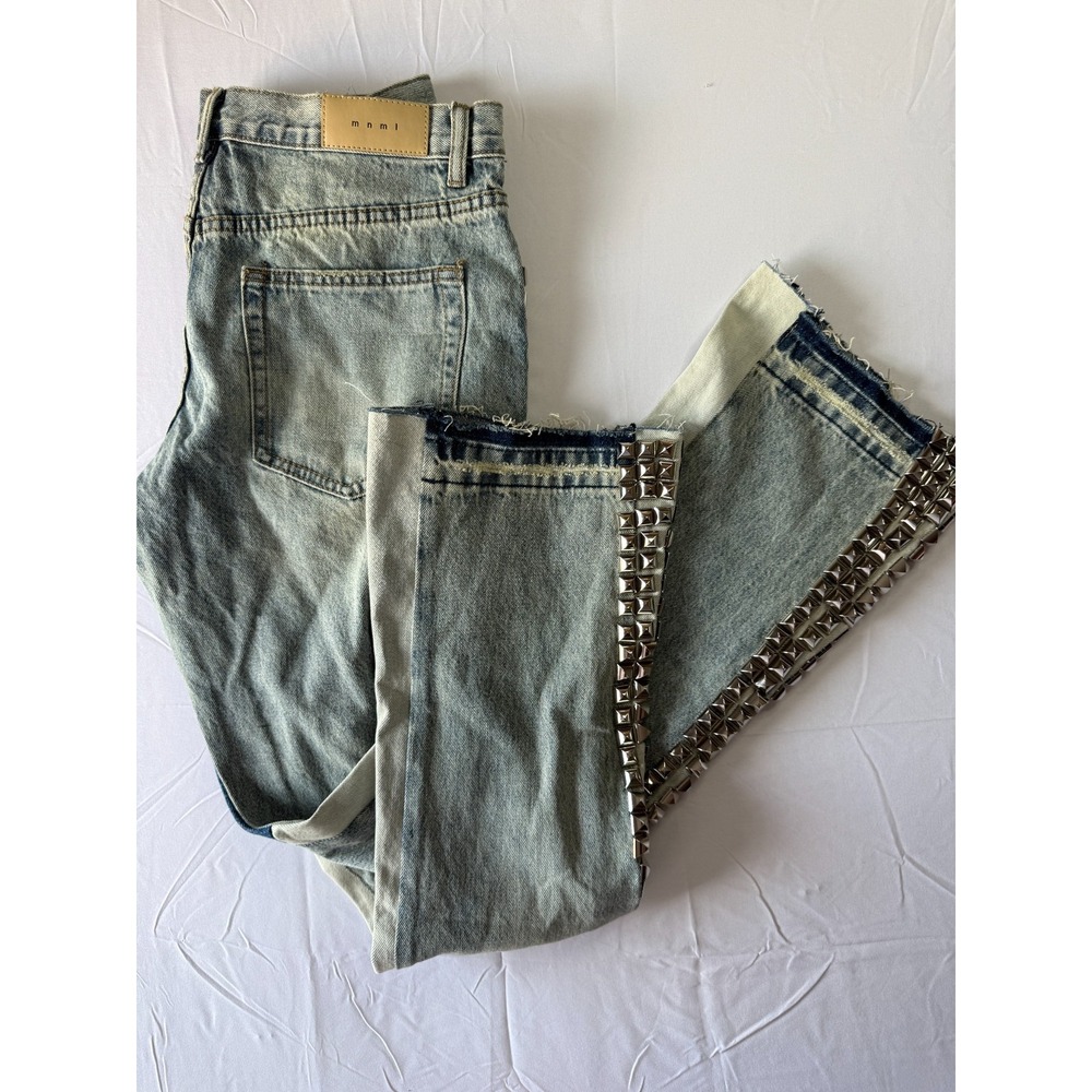 MNML B572 Studded Flare Jeans Mens 32 Blue Relaxed B-Fit Paneled Denim NWOT